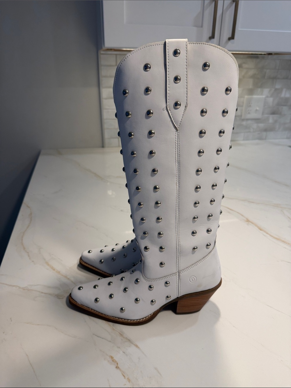 dingo White Studded Knee-High Western Boots